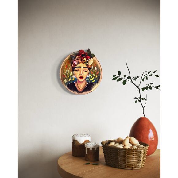 Handcrafted Circular Canvas Art – Portrait of a Woman with Floral Crown - Picture 1 of 3